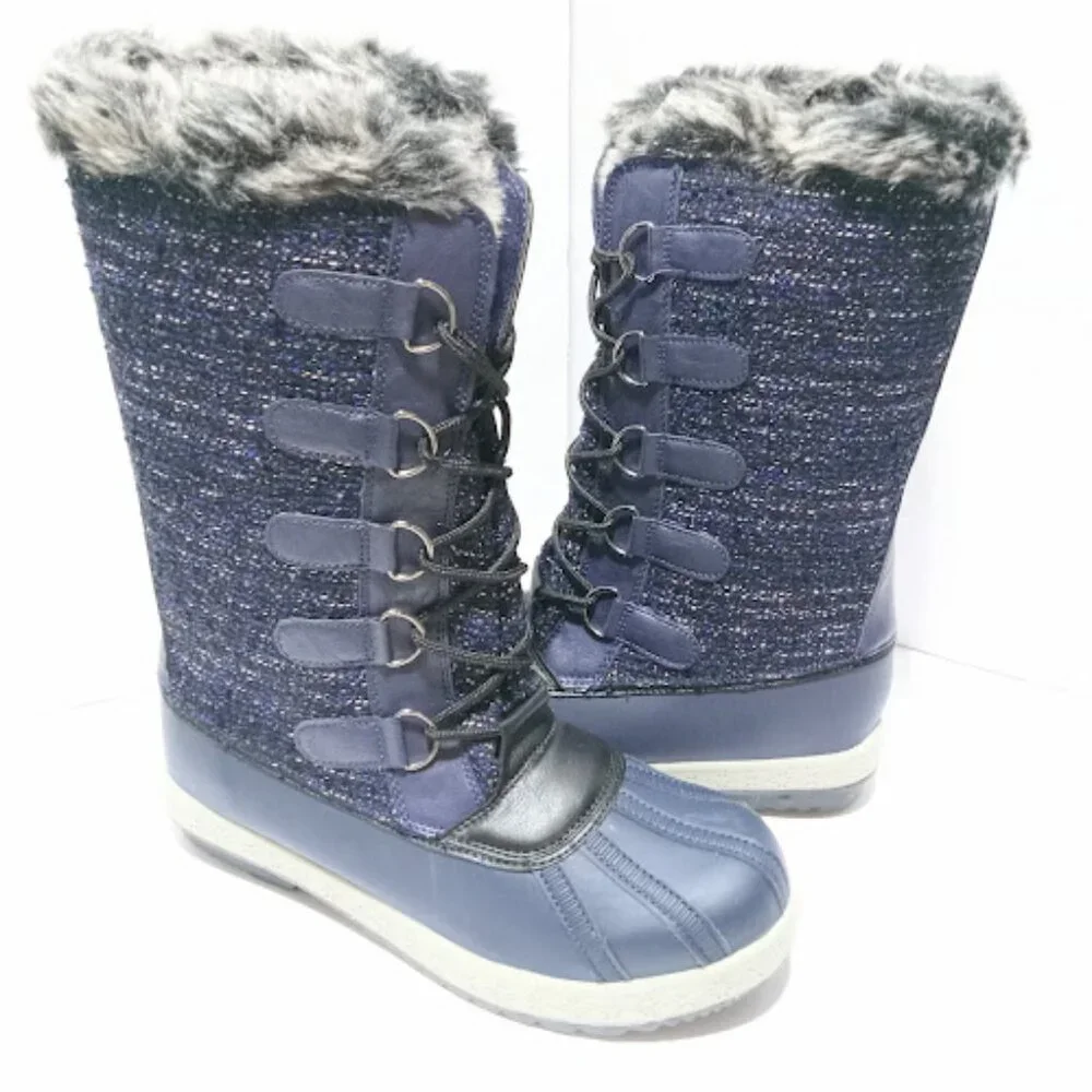 Snow Boots Winter Navy Blue Knit Faux Fur Women's Size 8.5 Mid calf Boots